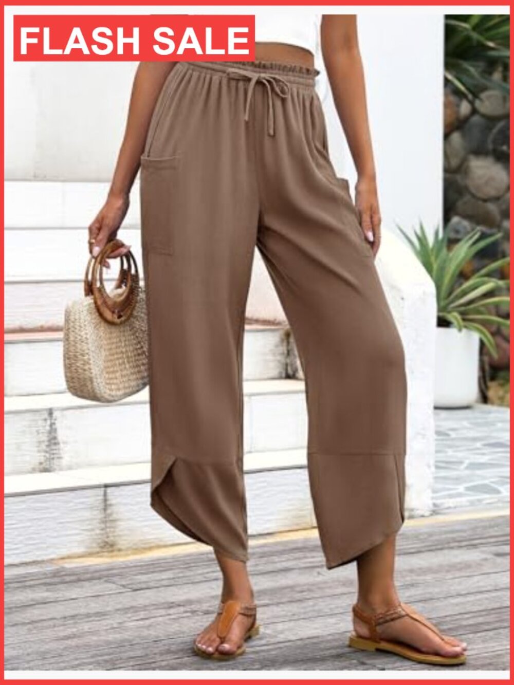Boho Wide Leg Linen Capri Pants Women Summer Palazzo Drawstring - Picture 3 of 7